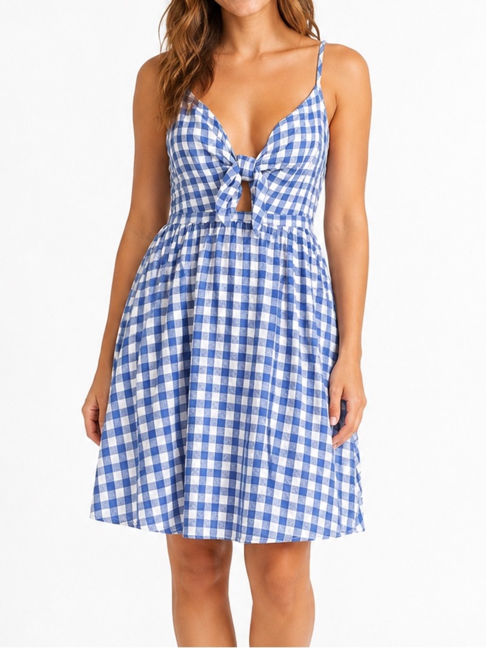 Old Navy linen-blend fit & flare tie-front cutout dress classic blue and white